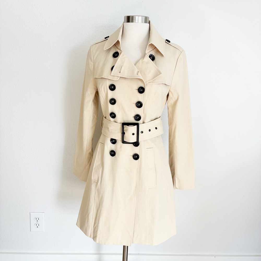 Runway New York Trench Coat Womens L Tan Double Breast Belted Jacket Classic NWT